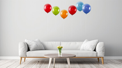 Serene Simplicity: Colorful Balloons Elevate a Minimalist Living Room with a Splash of Vibrant Cheer