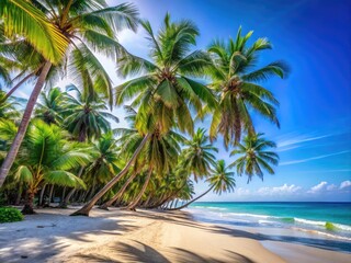 Fototapeta premium Sunny Tropical Beach Panorama with Coconut Palm Trees Against a Clear Blue Sky for Travel Inspiration