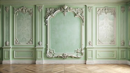 Light green stucco wall with elegant decorative details in abstract interior setting