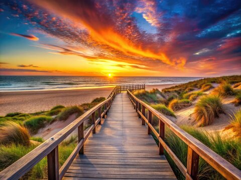 Sunset Glow over Wood Walkway Leading to Furadouro Beach Dunes in Ovar Aveiro Portugal Europe