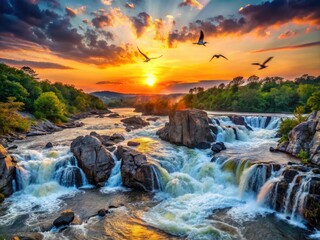 Sunset Over Potomac River Waterfalls in Great Falls State Park, Virginia with Birds of Prey Circling
