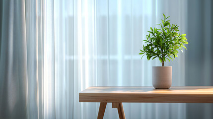 modern workspace with stylish wooden desk and potted plant