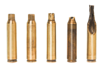 Different of deform 5.56 fired ammo case shell, used empty ammunition individually. Die cut transparent