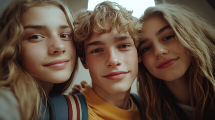 Fototapeta premium Group of three teenagers joyfully taking a selfie together, showcasing happiness and friendship in a well-lit environment, capturing a moment of their youth.