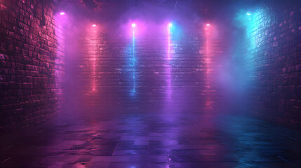 Neon Lights Glowing On Brick Wall 3D Illustration