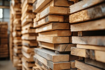 Rough hewn wooden beams stacked in rows, with visible texture and natural wood grain details
