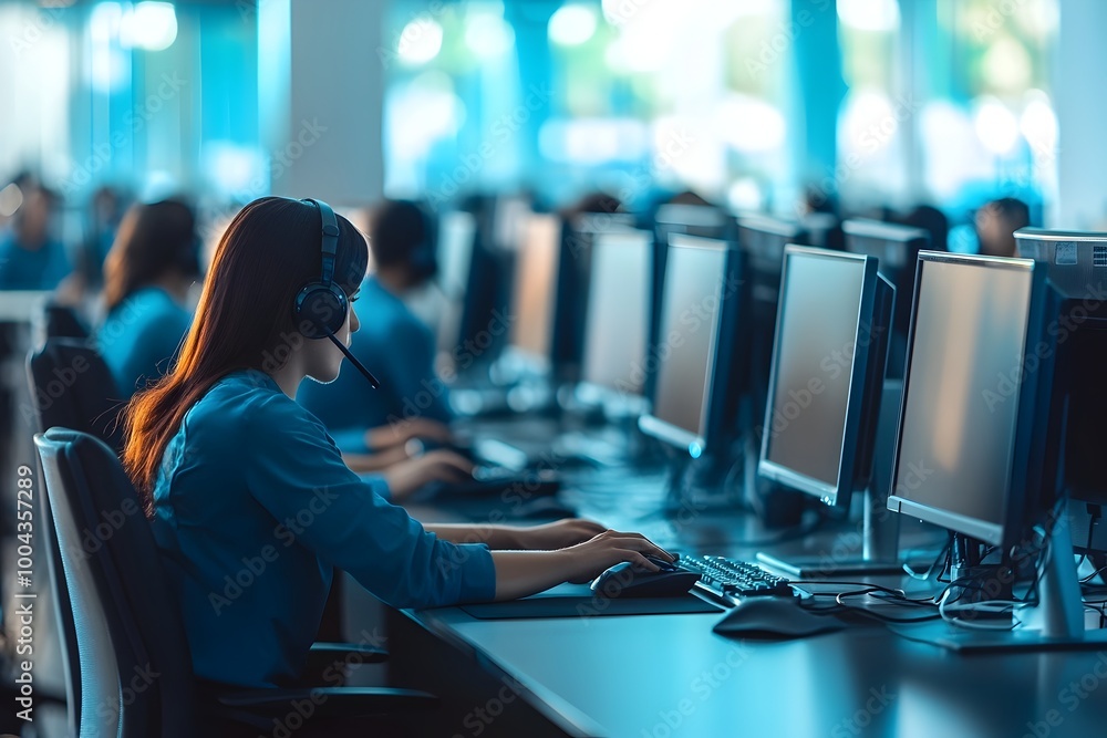 Aufkleber busy call center with desks computers and employees in high tech open office