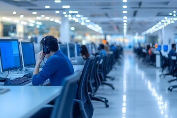 Busy Call Center with Rows of Desks and Employees Using Headsets in High Tech Open Office