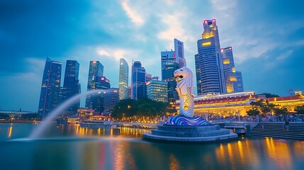 Majestic merlion statue facing the vibrant singapore cityscape picture