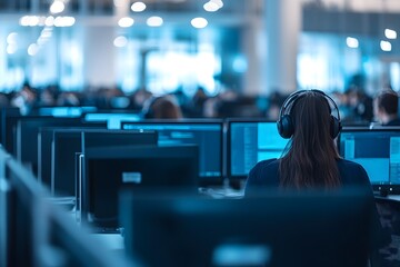 Busy Call Center with Rows of Desks and Blurred Employees in High Tech Open Office Setting