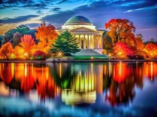 Obraz premium Thomas Jefferson Memorial with Autumn Foliage Reflections in Tidal Basin, Washington DC Panorama