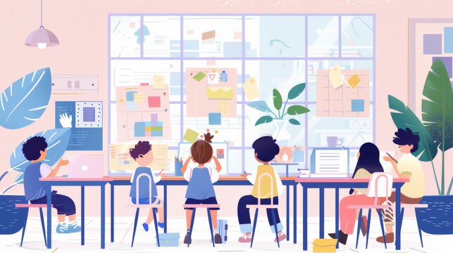 Students Working Together on a Group Project in a Back to School Classroom