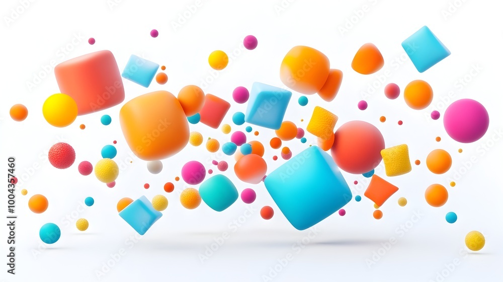 Poster vibrant geometric abstract 3d shapes and spheres composition with playful movement and dynamic