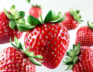Close-up of vibrant, juicy strawberries with lush green leaves, showcasing their freshness and natural texture against a clean white background