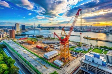 Timelapse of Crane at Under Construction Site Near Bay Area in Yokohama, Japan, Urban Development