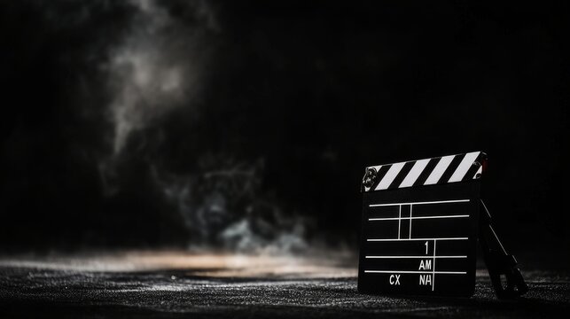 Film clapperboard on dark background, representing movie production and cinematography.