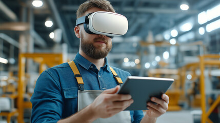A man in overalls uses tablet and virtual reality headset in an industrial setting, showcasing modern technology in manufacturing. environment is bright and innovative