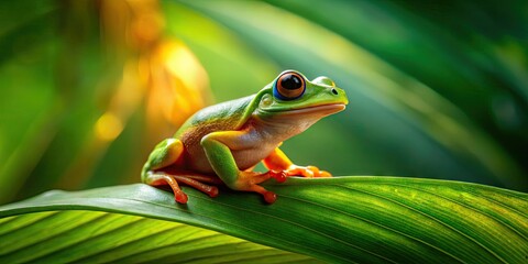 Tiny Thumbelina Frog Sitting on a Leaf in a Lush Green Environment with Soft Natural Lighting