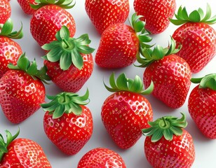 Close-up of vibrant, juicy strawberries with lush green leaves, showcasing their freshness and natural texture against a clean white background