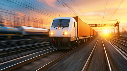 Naklejka premium High speed trains carrying goods through industrial area at sunset