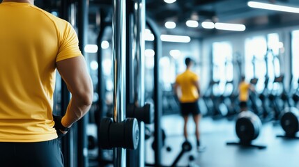 Fitness enthusiast in yellow shirt lifts weights in a modern gym environment.