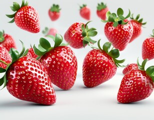 Close-up of vibrant, juicy strawberries with lush green leaves, showcasing their freshness and natural texture against a clean white background