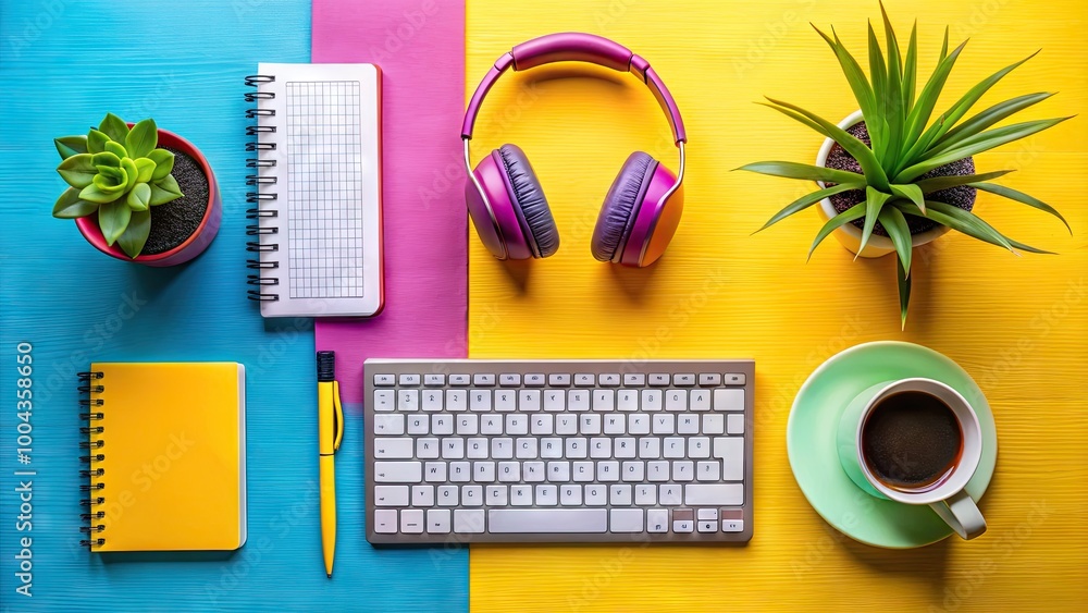 Poster top view of a creative working desk with keyboard, headphone, and open notebook on black table