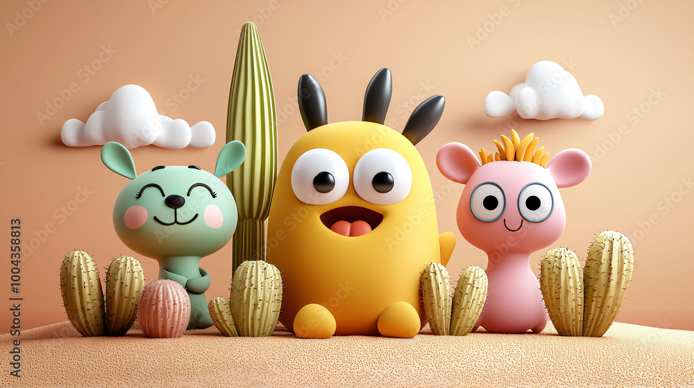 Poster cute cartoon characters with joyful expression in desert setting
