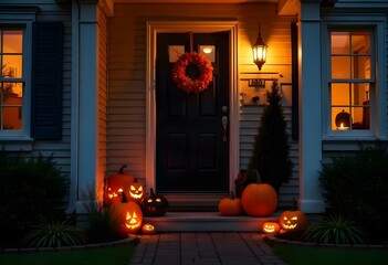 Obraz premium Candid image, photography, natural textures, highly realistic light, editorial, front porch halloween decor after dark
