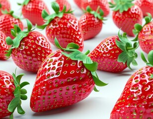 Close-up of vibrant, juicy strawberries with lush green leaves, showcasing their freshness and natural texture against a clean white background