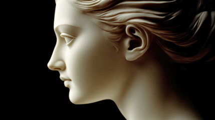 Fototapeta premium A profile view of a classical marble bust, showcasing intricate craftsmanship and timeless beauty, set against a dark background, evoking a sense of contemplation.