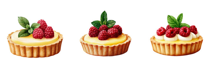 Three delicious raspberry tarts with mint leaves set against transparent backgrounds, showcasing vibrant colors and appealing textures.