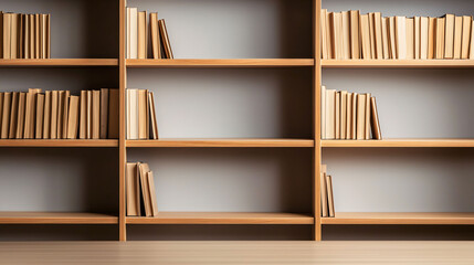 wooden bookshelf with empty spaces waiting for books evokes sense of anticipation