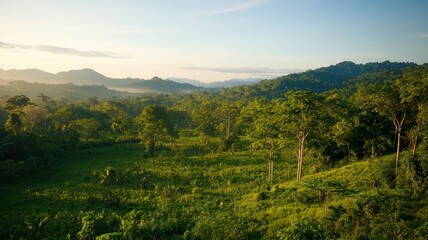 Obraz premium Lush Green Rainforest Landscape with Mountain View at Sunrise