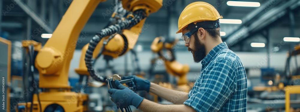 Poster skilled worker assembling components in a high-tech factory with robotic arms in action during dayli