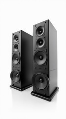 Two black speakers with subwoofer on white background for audio setup