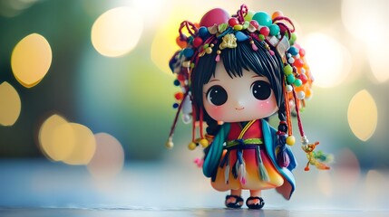 Chibi figure with cute expression and tiny feet in colorful costume
