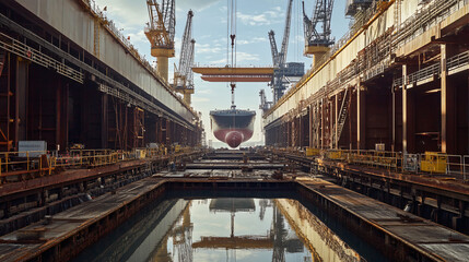 Naklejka premium A shipbuilding dock with cranes lifting massive components. 
