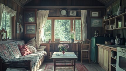 Fototapeta premium Cozy cabin interior with natural light and decor.