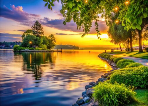 Tranquil Meydenbauer Bay Park with Scenic Views of Water, Lush Greenery, and Sunset Reflections