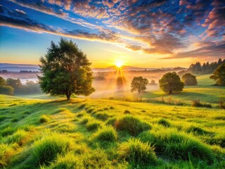 Tranquil Morning Scene with Soft Light Illuminating Nature and Dewy Grass in a Peaceful Landscape