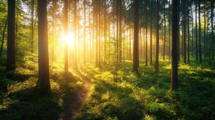 Fototapeta premium A serene forest scene illuminated by golden sunlight, creating a peaceful atmosphere.