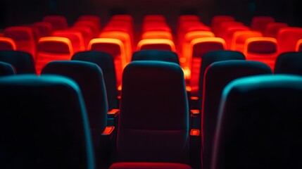 Rows of Red Upholstered Seats in an Empty Movie Theater Auditorium