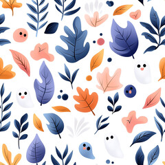 Playful autumn leaves and whimsical ghostly figures create seamless pattern, blending vibrant blues and warm oranges for lively seasonal design