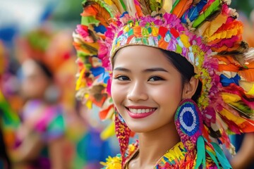 Fototapeta premium A woman wearing a colorful headdress and earrings is smiling. Concept of joy and celebration