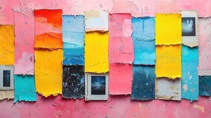 vibrant collage featuring retro polaroid photos neon duct tape frames quirky stickers torn paper edges playful composition on pastel background