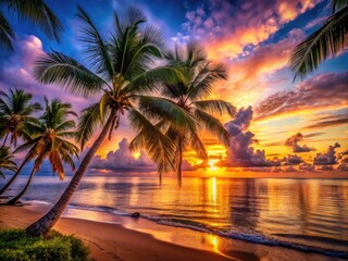 Tropical Beach Sunset with Palm Trees and Calm Waters Creating a Romantic and Tranquil Atmosphere