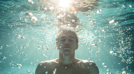 Close up of swimmer breathing under water