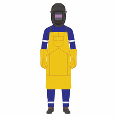 Industrial and construction worker with complete welding work personal protective equipment for safety. Mask, gloves, apron for body wear.