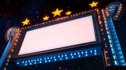 Obraz premium Illuminated Stage Sign with Glowing Colorful Lights and Stars in Night Sky
